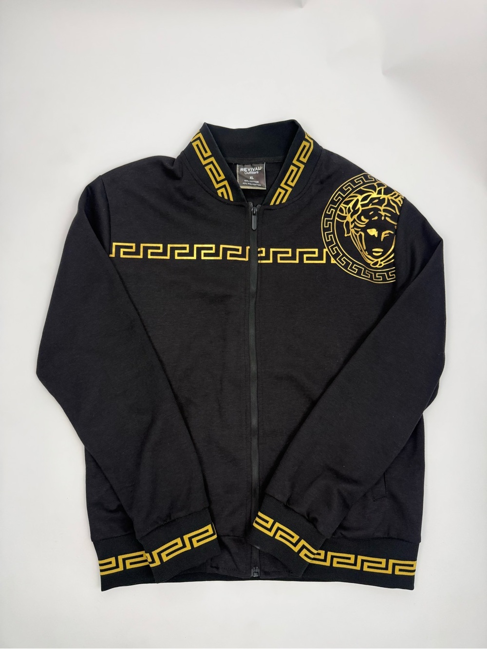 Versace-Style Black Zip-Up Sweater with Gold Medusa and Greek Key Trim